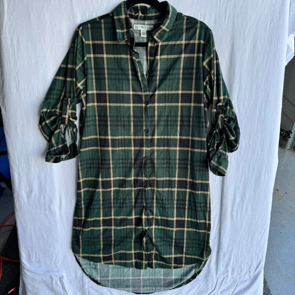 Green Plaid Button-Down Tunic Shirt - Size 1X, Rolled Sleeves, Casual & Stylish